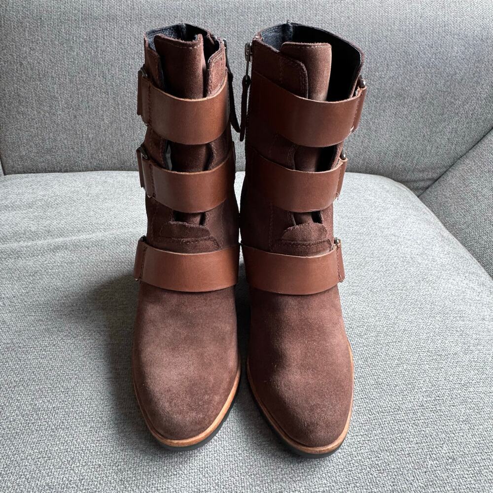 Sorel Womens After Hours Suede Wedge Booties Size 8.5 Brown Ankle Leather Straps - Picture 3 of 12